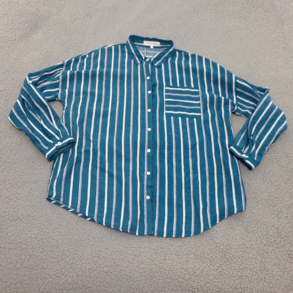 Eden & Olivia Button Down Shirt Womens Large Teal Blue White Striped Roll Tab
